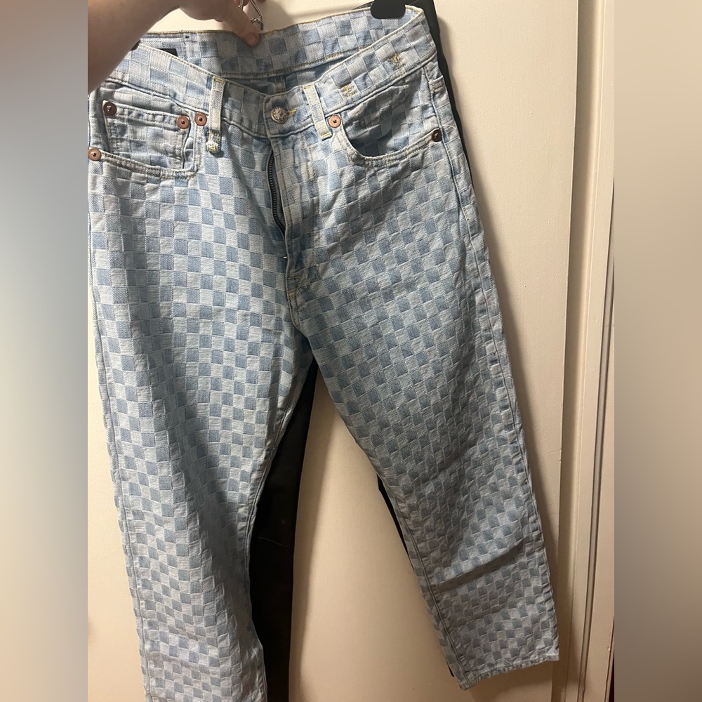 R13 High Rise Blue Checkered Straight Leg Jeans Sz24